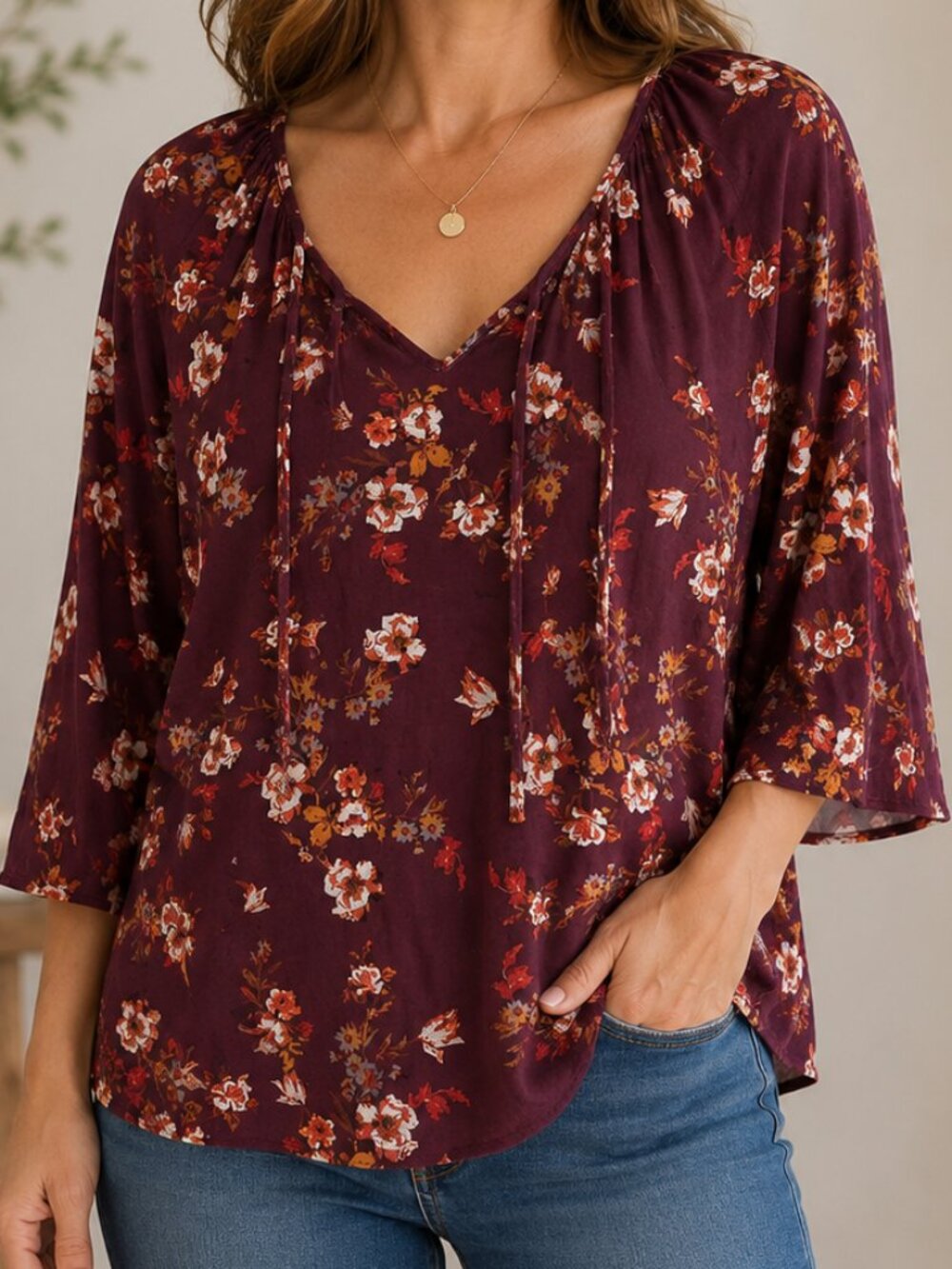 Garnet Hill Fall Floral Burgundy Flowy Casual Women's Top Office Size Small